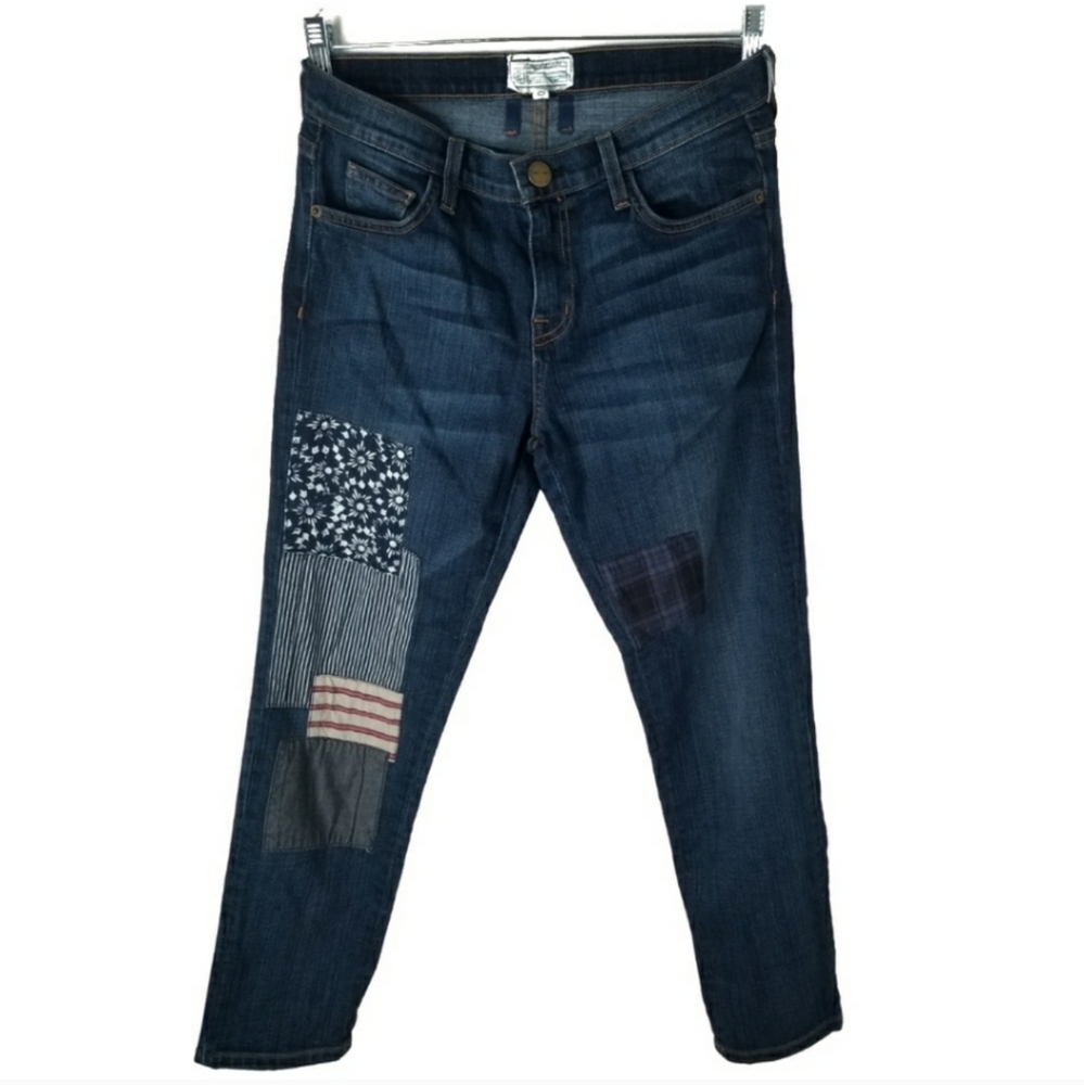Current Elliott The Fling Boyfriend Patchwork Dark Wash Denim Jeans Size 26